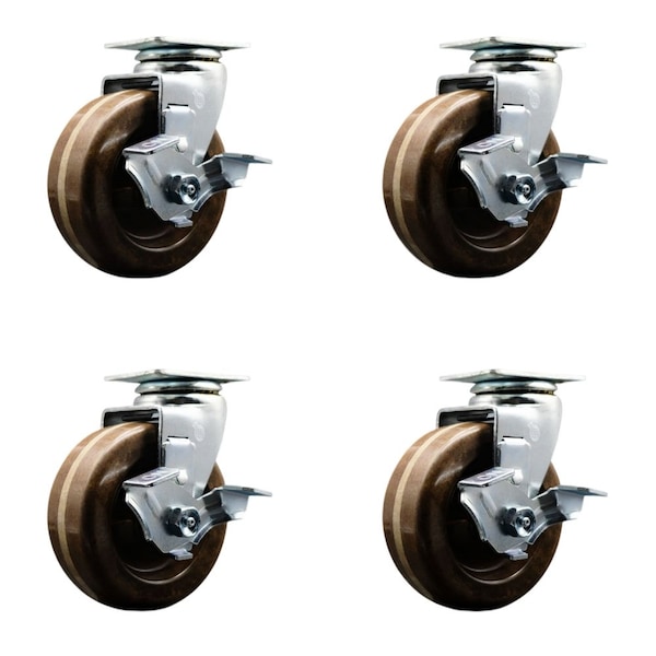 Service Caster 5'' High Temp Phenolic Swivel Caster Set with Bronze Bearings and Brakes, 4PK SCC-20S520-PHBZHT-TLB-4 - main